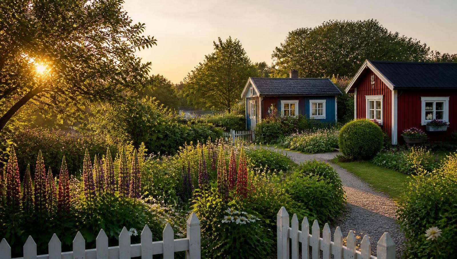 Kolonilotter i kvällssol med stugor och blommande rabatter